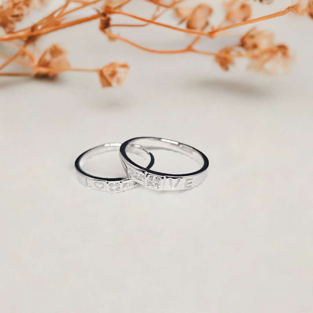 "Love" Message Silver Couple Band RIngs with CZ Detail