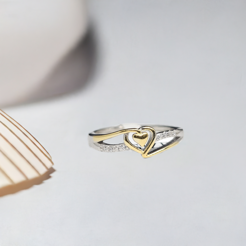 Gold Heart & CZ Pave Silver Ring