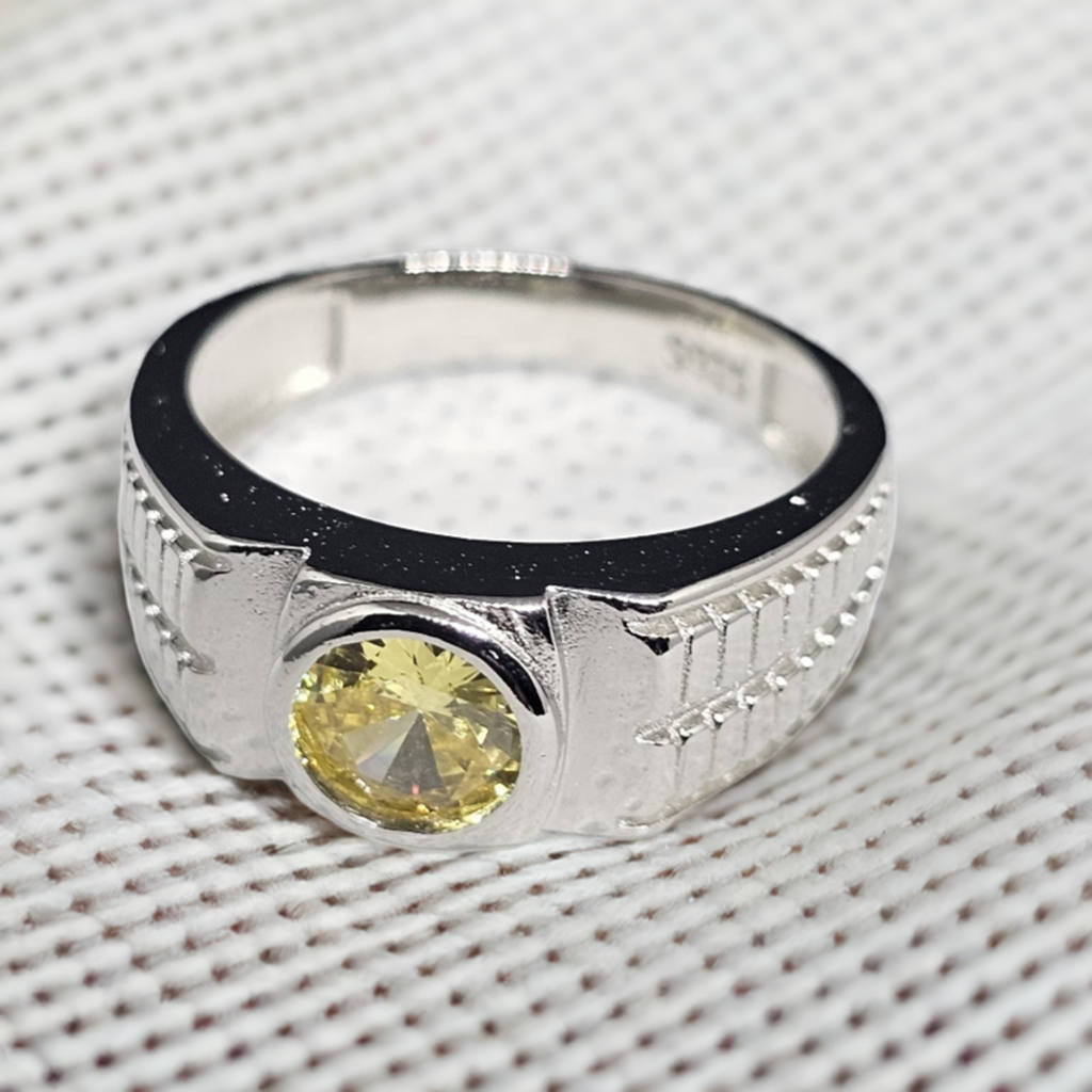 Men's Sterling Silver Yellow CZ Statement Ring - Bold Geometric Design