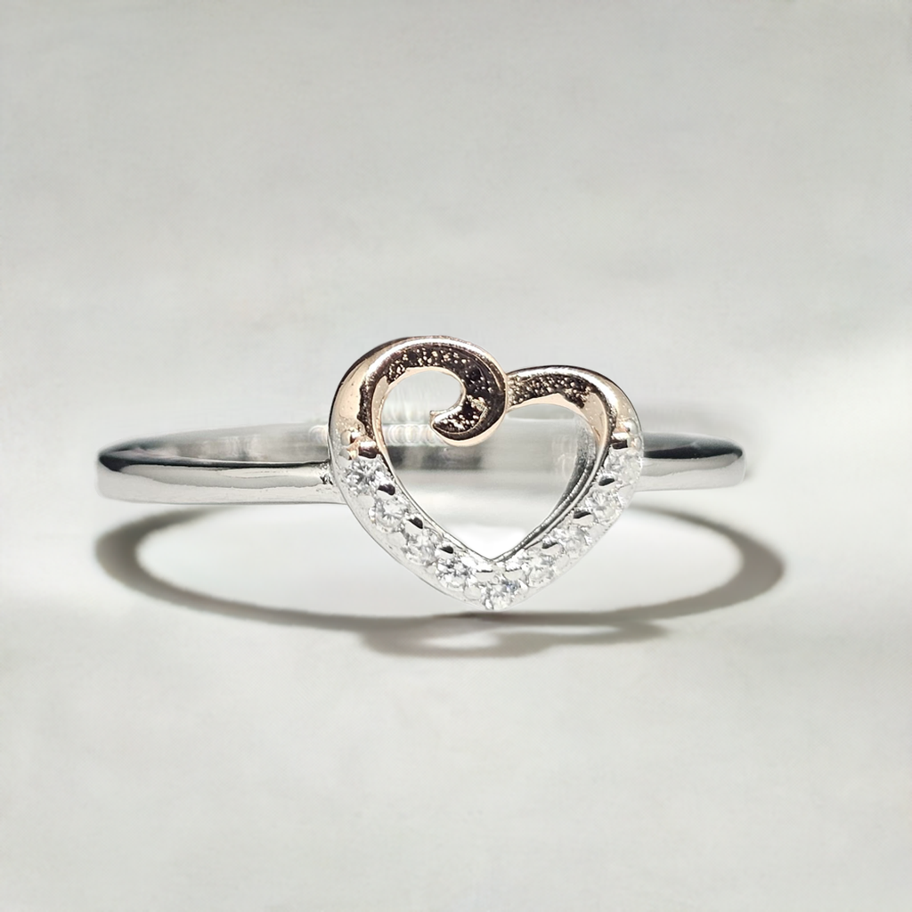 Sterling Silver & Rose Gold Double Heart Ring with Diamond Accents