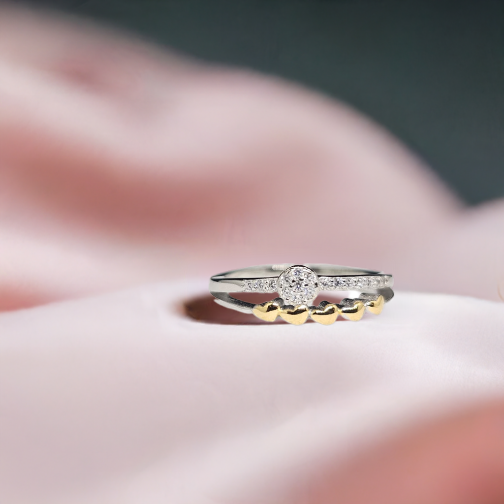 Modern Romance Stacked Silver Ring with Gold Hearts