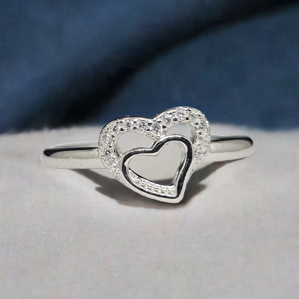 "Heart Within a Heart" Sterling Silver Ring with CZ Pave Edge