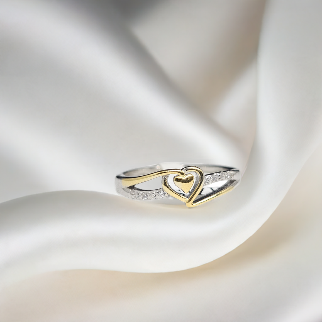 Gold Heart & CZ Pave Silver Ring
