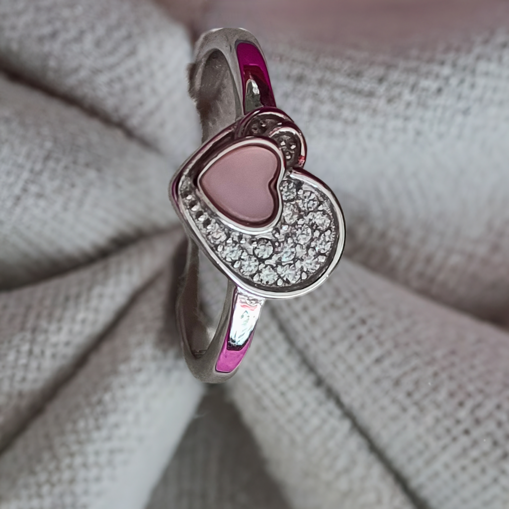 Pure Silver Heart in Heart Ring with Pearl Stone