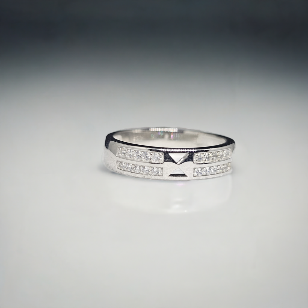 Structured Silver Unisex Band Ring with Geometric Detail & CZ Accents