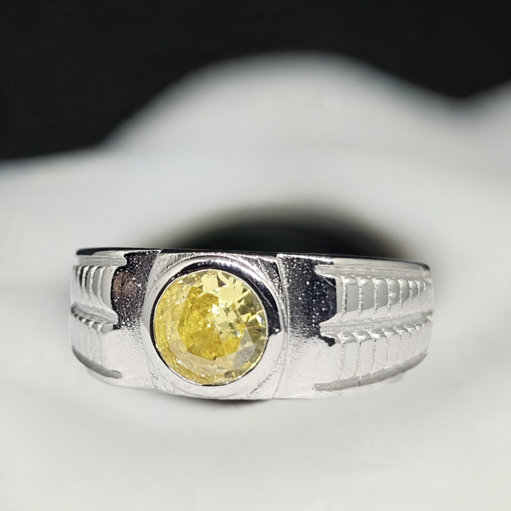 Men's Sterling Silver Yellow CZ Statement Ring - Bold Geometric Design