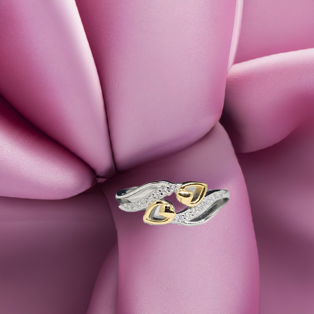Pure Sterling Silver Bypass Ring with Gold Hearts & Crystal Accents
