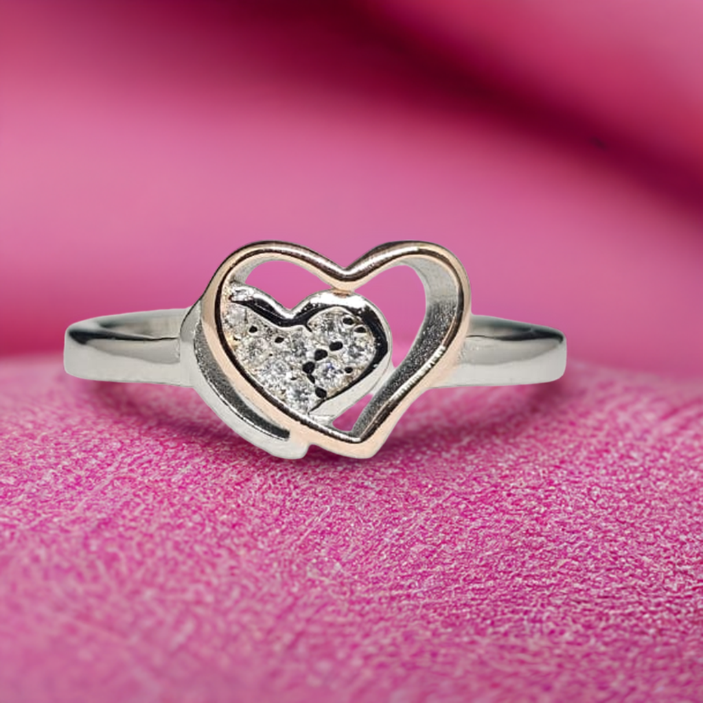Sterling Silver & Rose Gold Double Heart Ring with CZ Sparkle