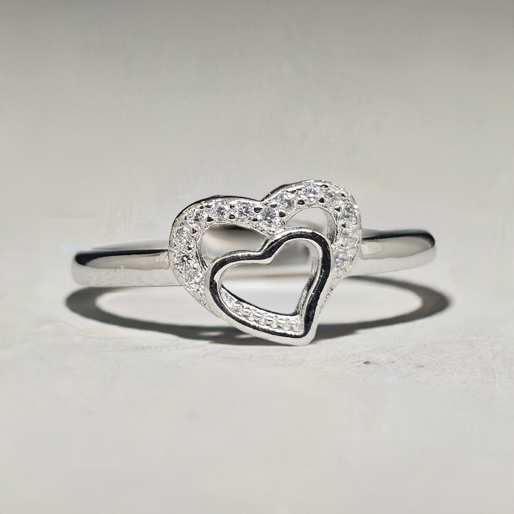 "Heart Within a Heart" Sterling Silver Ring with CZ Pave Edge