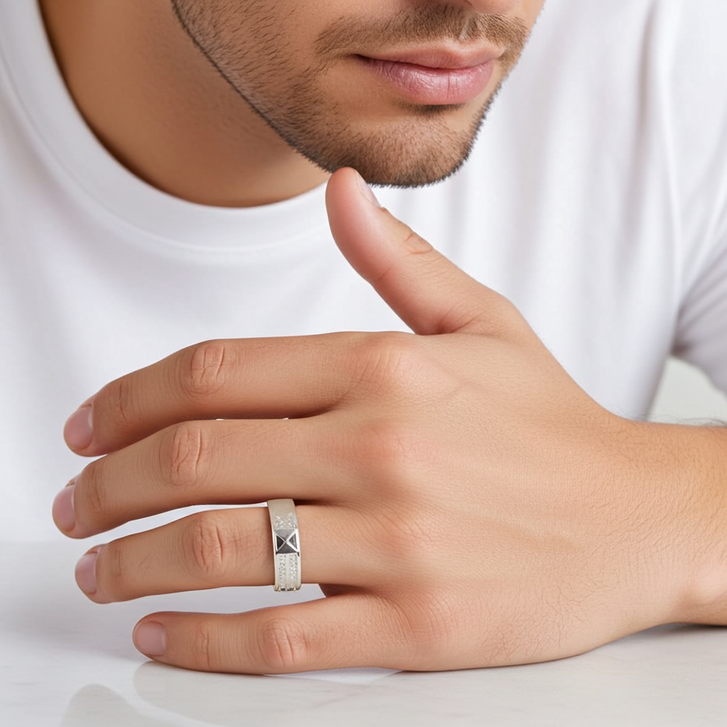 Structured Silver Unisex Band Ring with Geometric Detail & CZ Accents