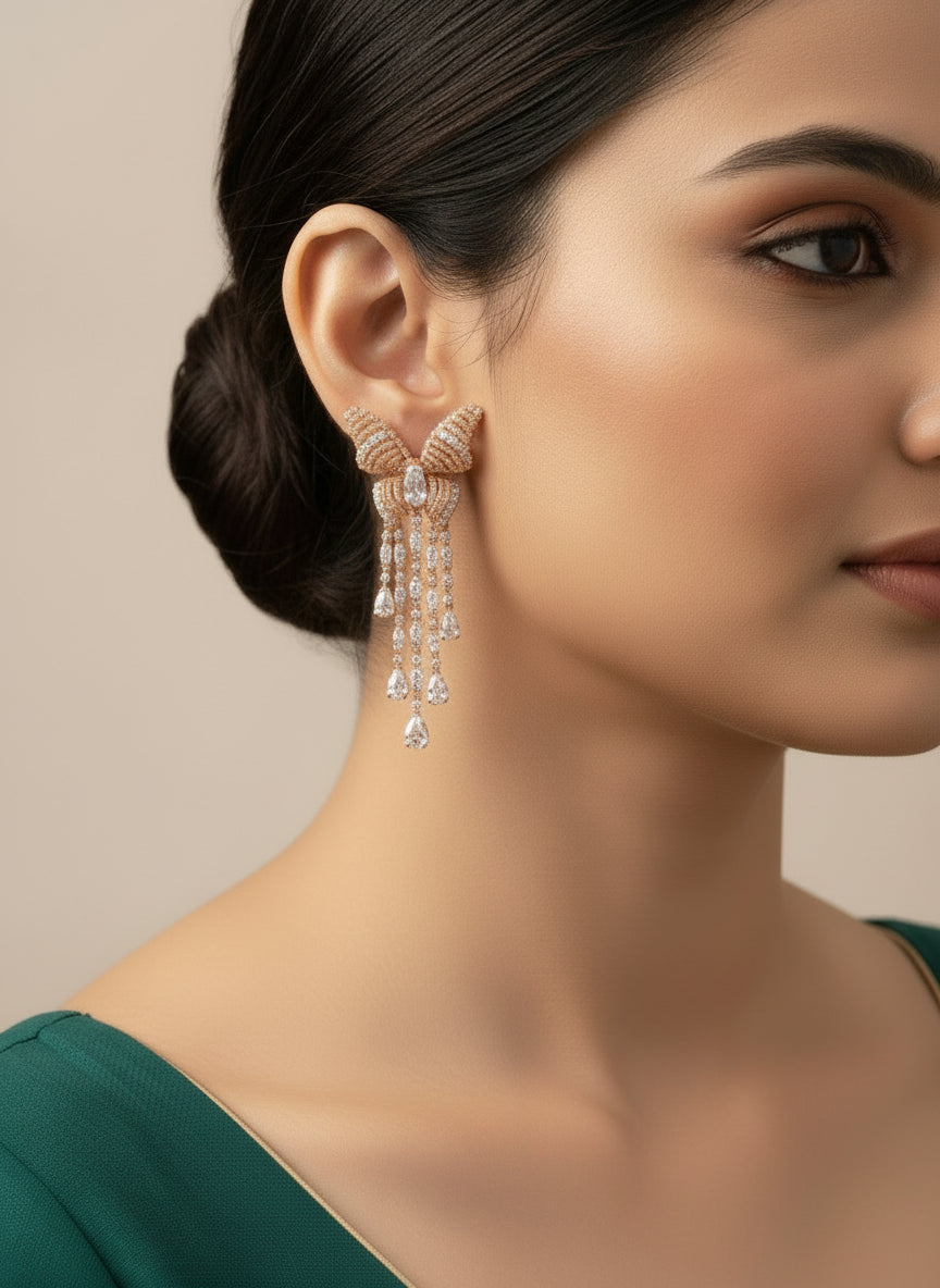 Pure Silver Rose Gold Plated Butterfly Cubic Zirconia Necklace & Earrings Set