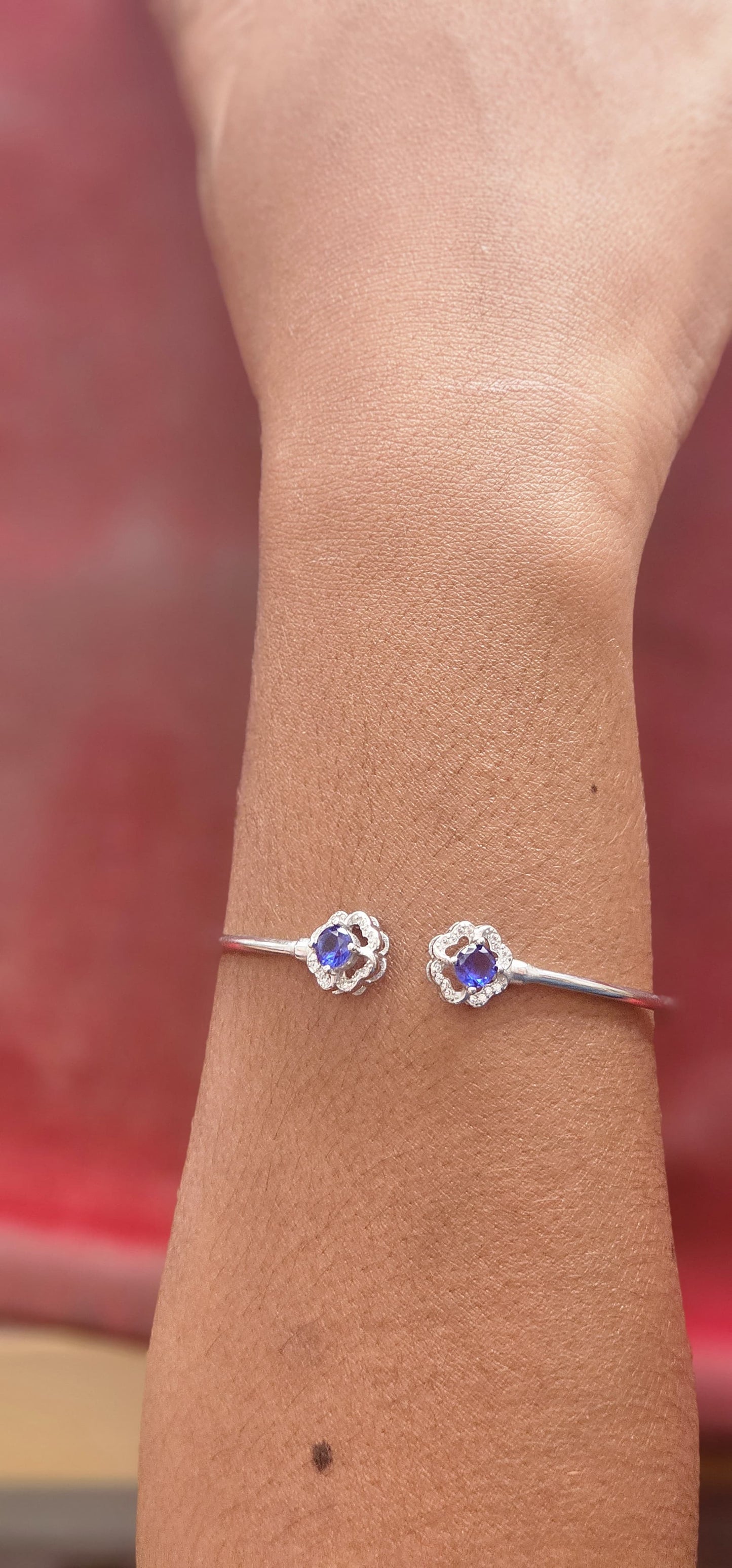 Elegant Silver Open Bangle with Blue Sapphire Stones