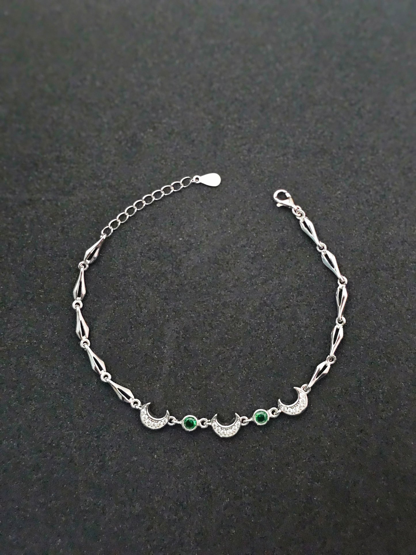 Elegant Crescent Moon & Emerald Accent Sterling Silver Bracelet for Girls