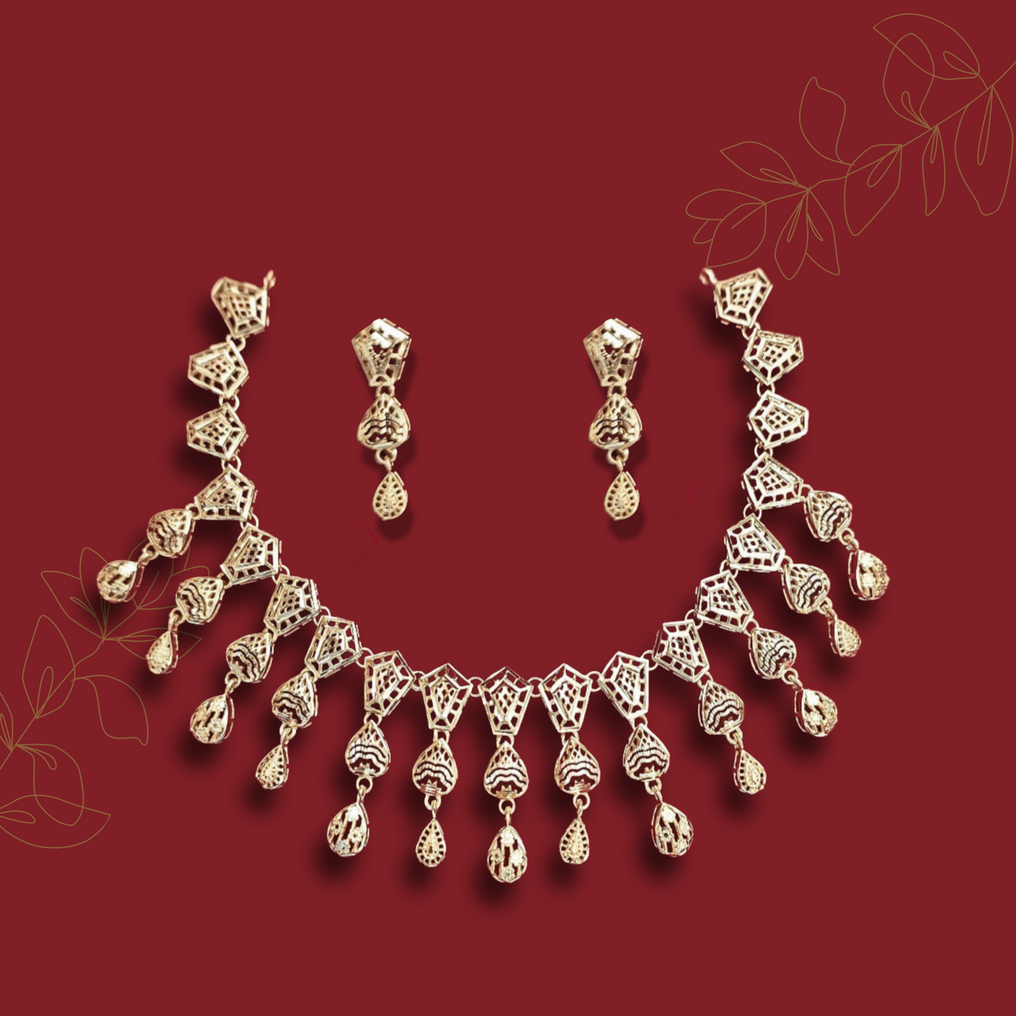 Geometric Filigree Gold-Toned Necklace and Earring Set
