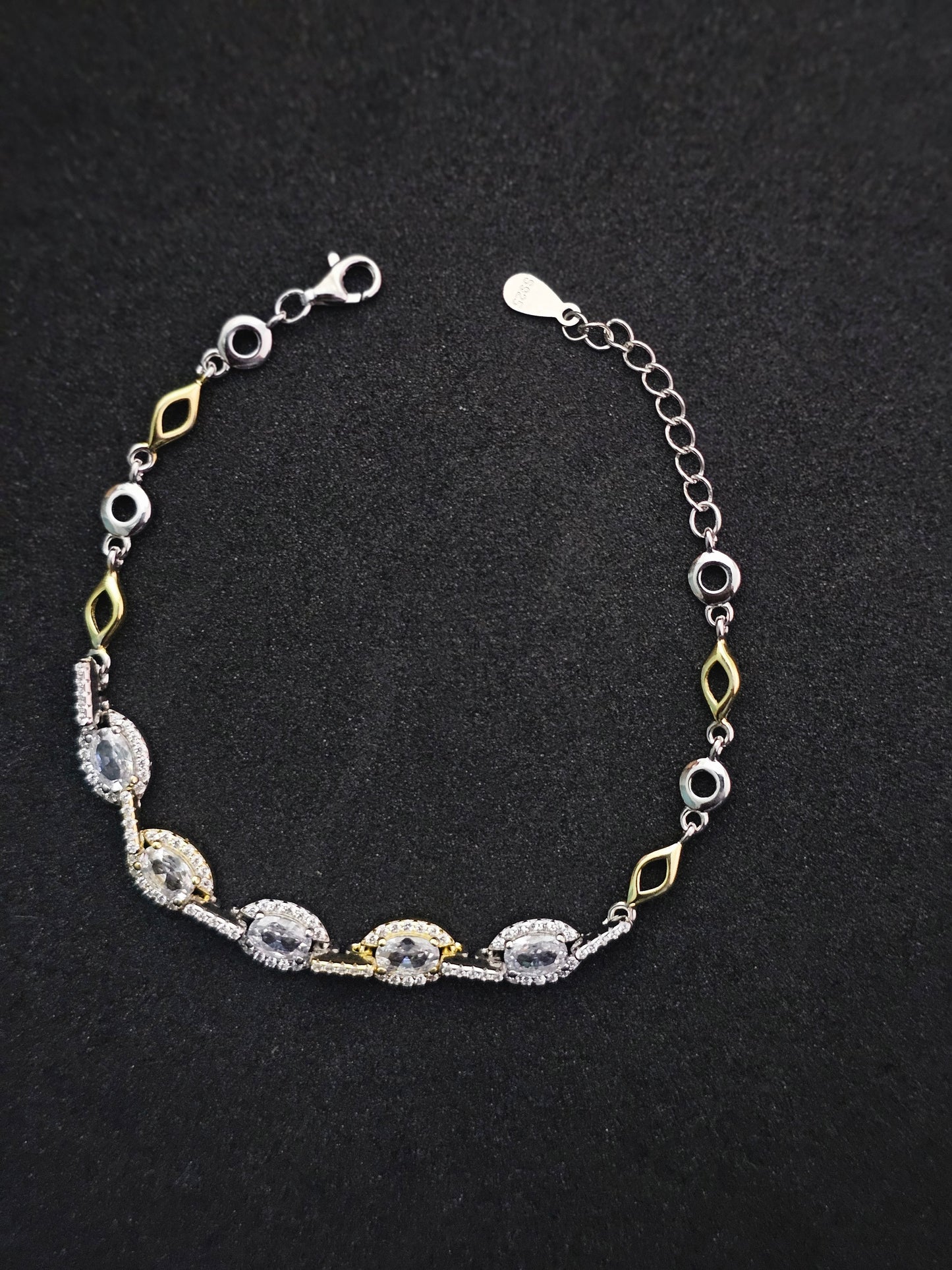 Elegant Oval Gemstone & Accent Bracelet - Sterling Silver & Gold Tone Detail