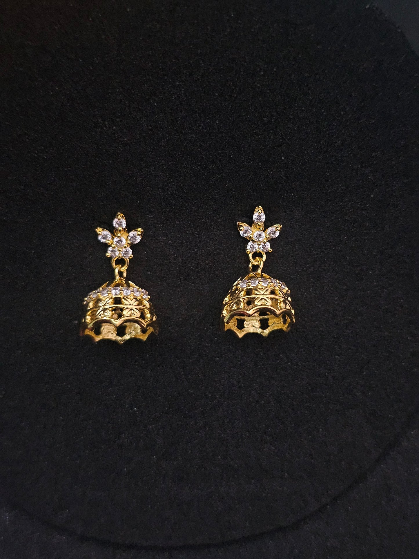 Classic Gold Jhumka Earrings with Modern Floral Detail