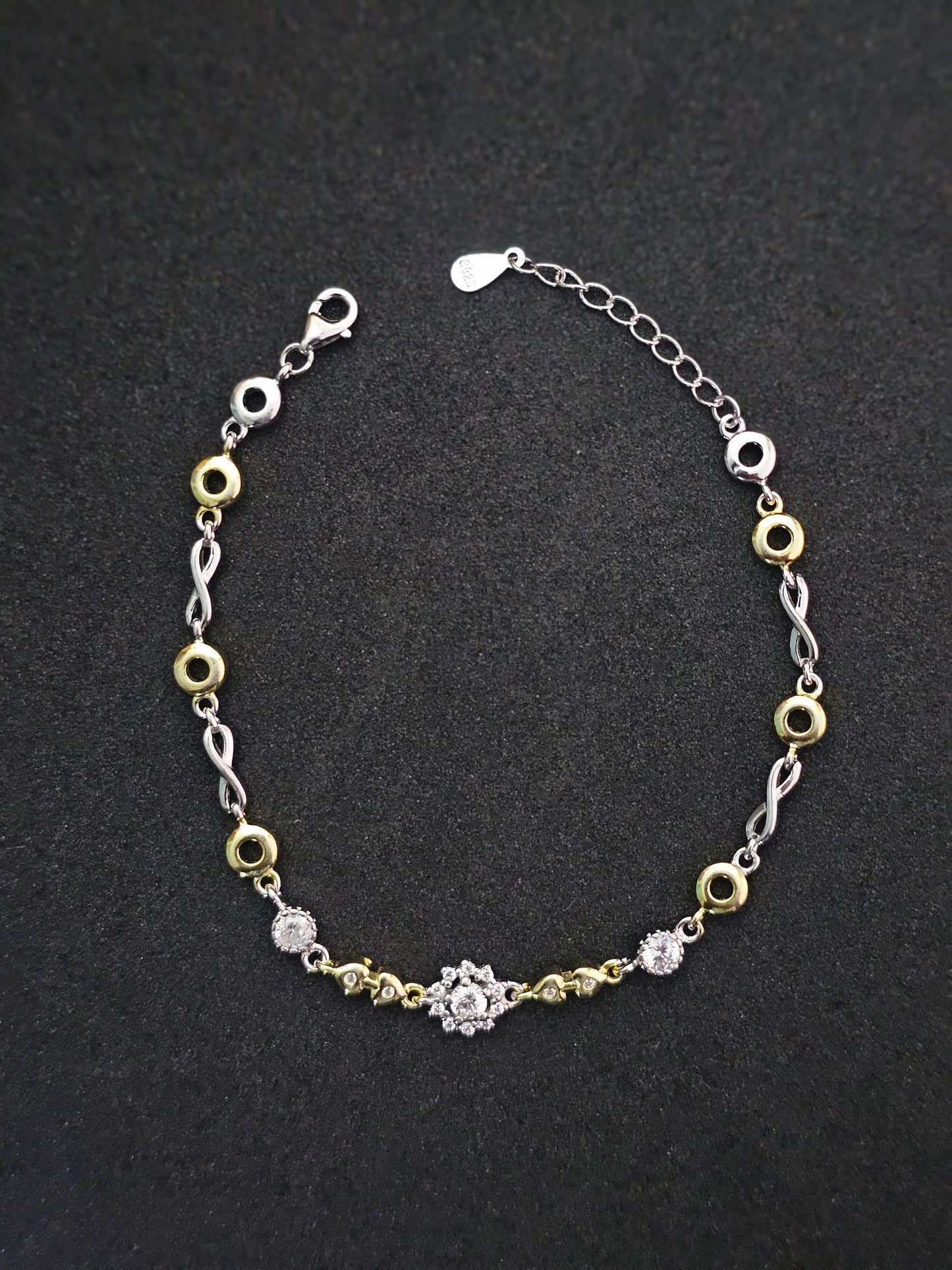 Elegant Two-Tone Infinity & Circle Link Bracelet with Cubic Zirconia Accents