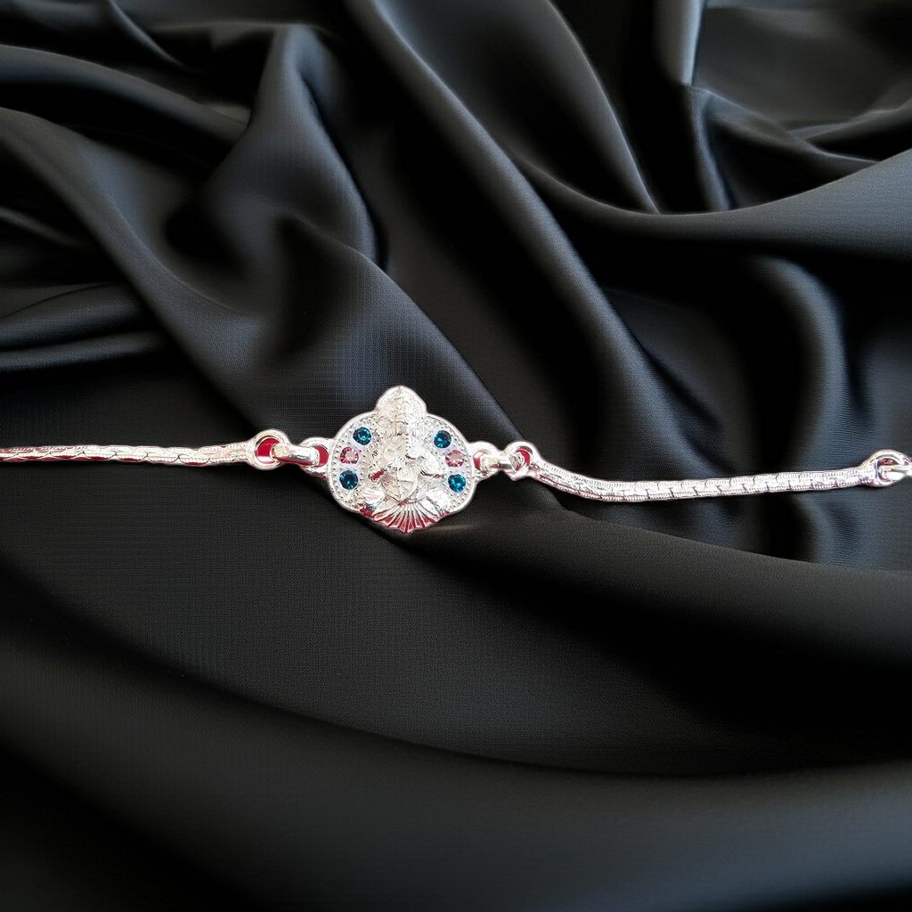 Pure 92.5 Silver Ganesha Bracelet Rakhi with Colored Stones for Brother – Auspicious Rakhi 2025