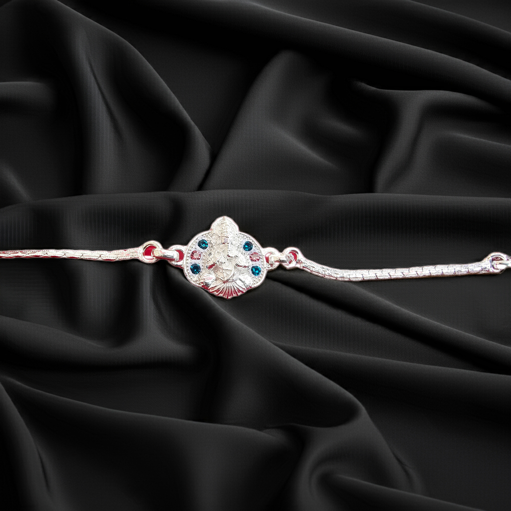 Pure 92.5 Silver Ganesha Bracelet Rakhi with Colored Stones for Brother – Auspicious Rakhi 2025