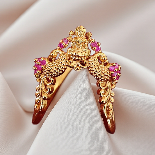 Pure 925 Silver Gold Plated Lakshmi Wedding Ring