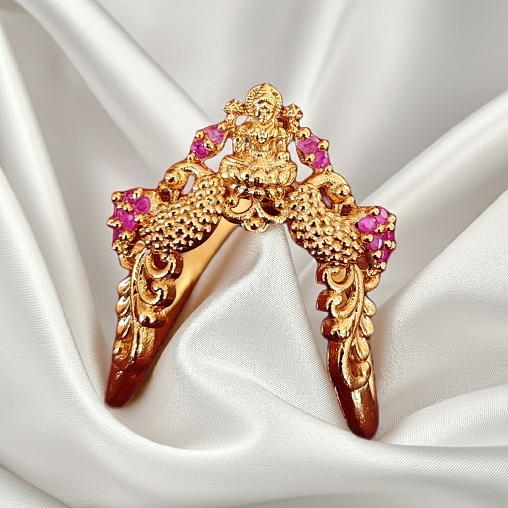 Pure 925 Silver Gold Plated Lakshmi Wedding Ring