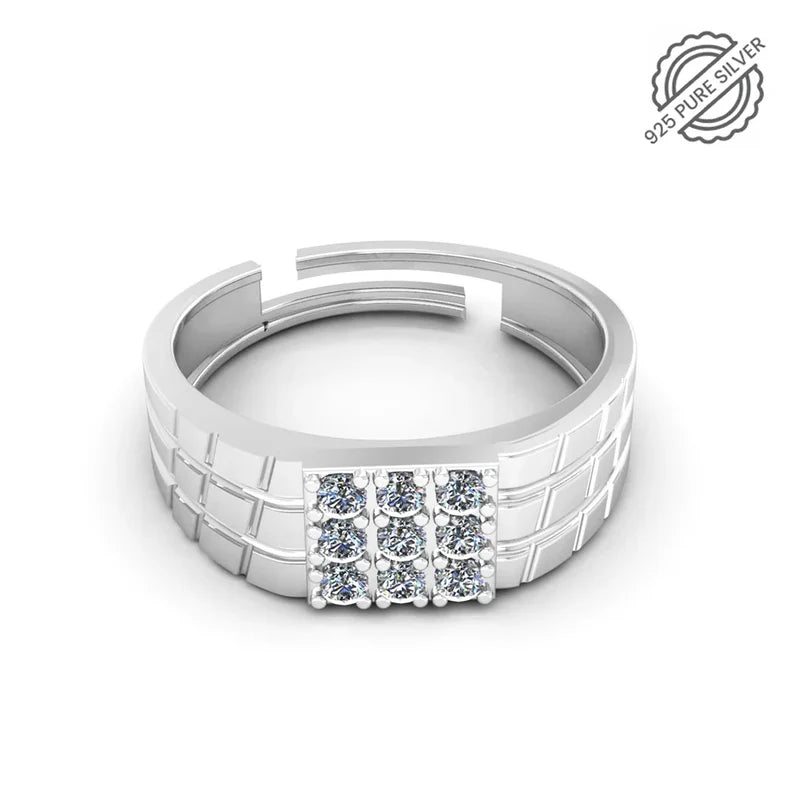 925 Sterling Silver Men's Ring with 9 CZ Diamonds & Grid Textured Band