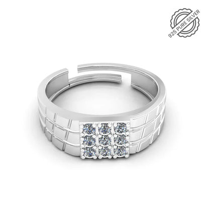 925 Sterling Silver Men's Ring with 9 CZ Diamonds & Grid Textured Band