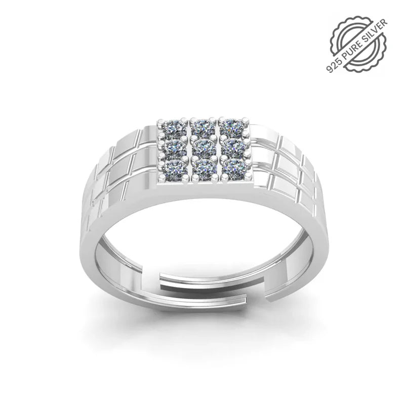 925 Sterling Silver Men's Ring with 9 CZ Diamonds & Grid Textured Band