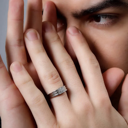 925 Sterling Silver Men's Ring with 9 CZ Diamonds & Grid Textured Band