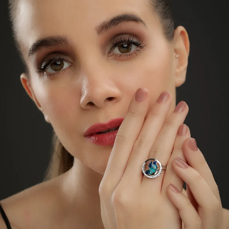 Pure 92.5 Silver Butterfly Feeding Diamond Ring For Women