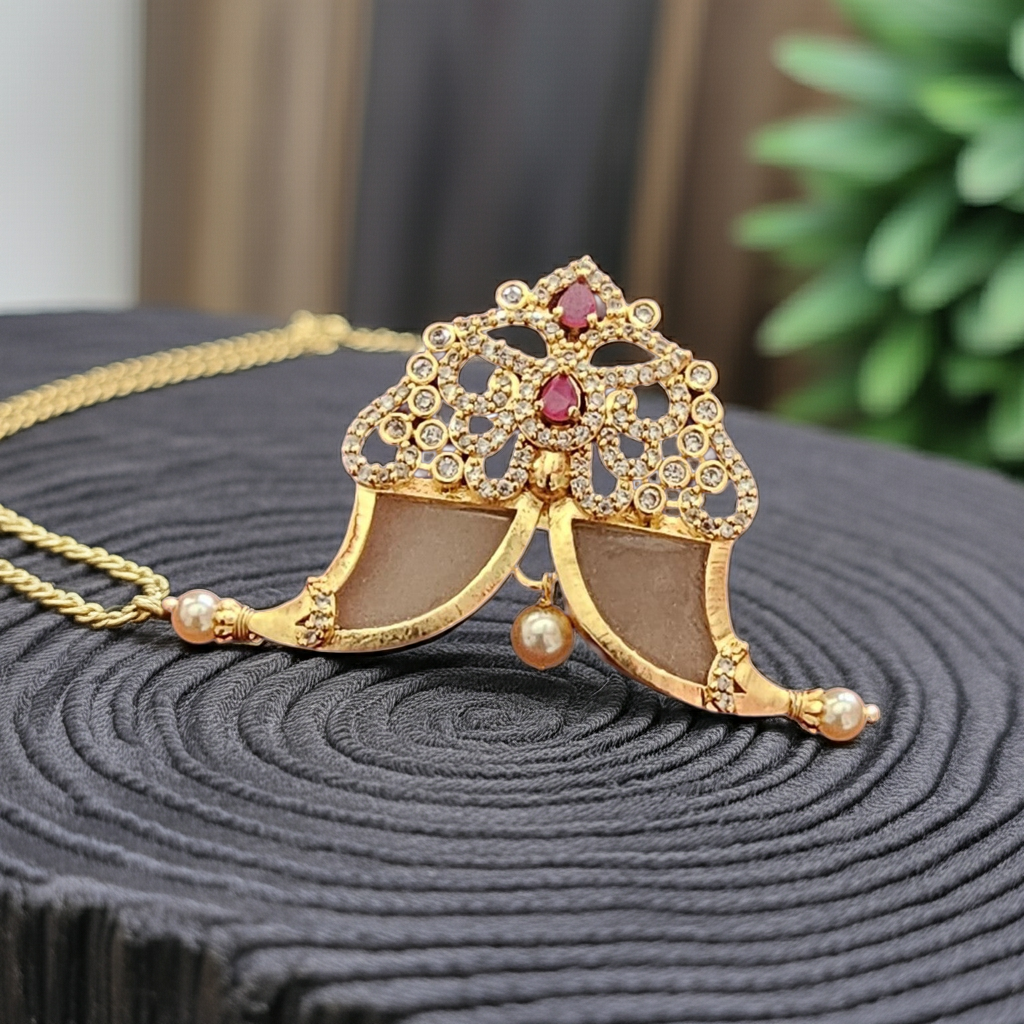 Traditional Tiger Nail Gold Plated Pendant with Stones & Pearls