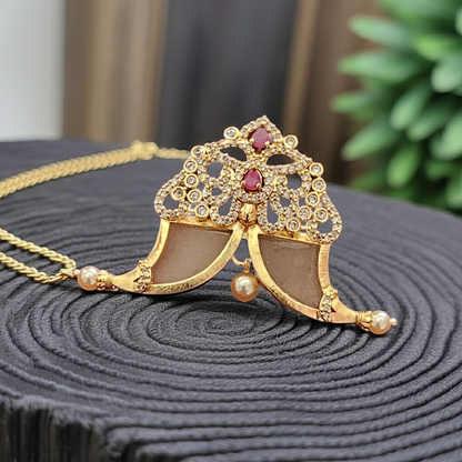 Traditional Tiger Nail Gold Plated Pendant with Stones & Pearls