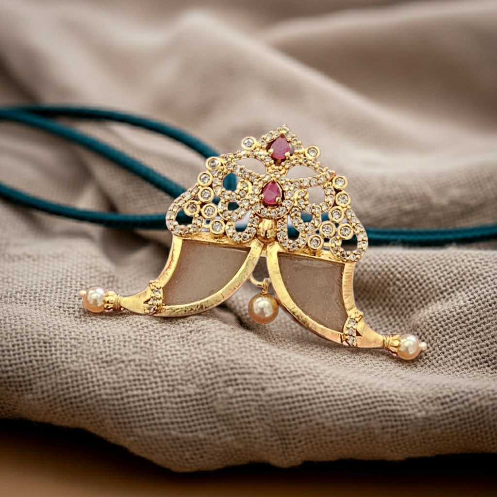 Traditional Tiger Nail Gold Plated Pendant with Stones & Pearls