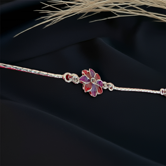 Silver Floral Enamel Bracelet Rakhi