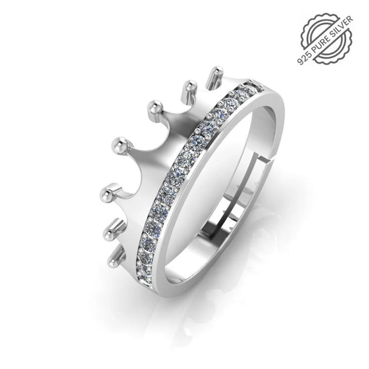 Pure Sterling SIlver Crown Ring - Adjustable Zircon Princess Tiara Ring
