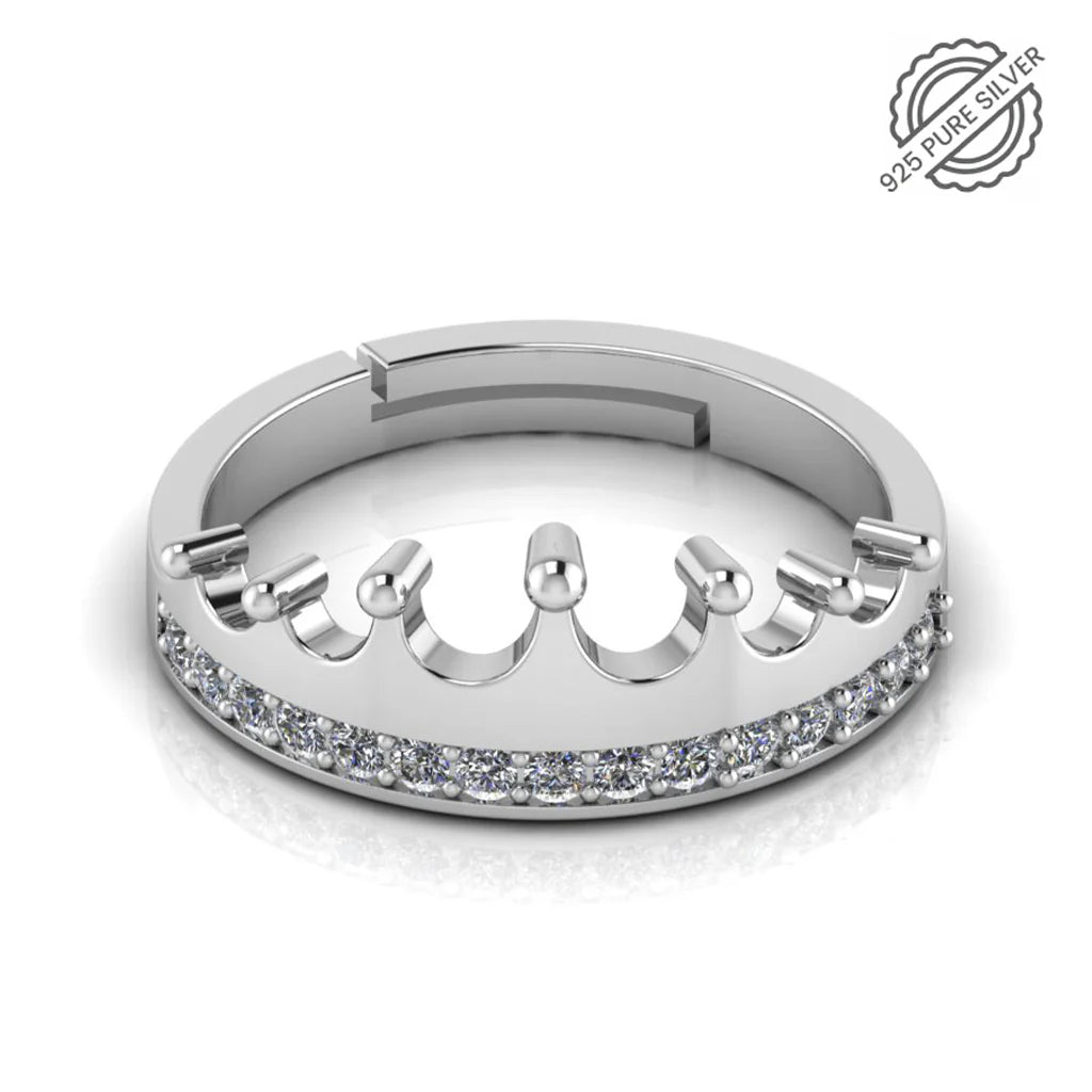 Pure Sterling SIlver Crown Ring - Adjustable Zircon Princess Tiara Ring