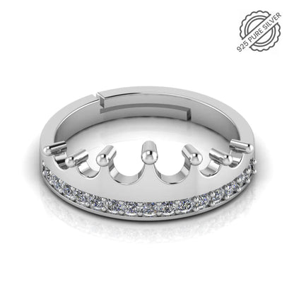Pure Sterling SIlver Crown Ring - Adjustable Zircon Princess Tiara Ring