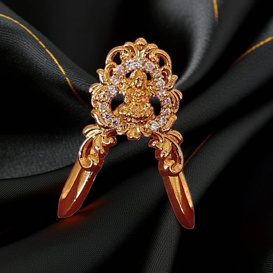 925 Silver Gold Plated Temple Ring with Goddess Lakshmi & CZ Stones