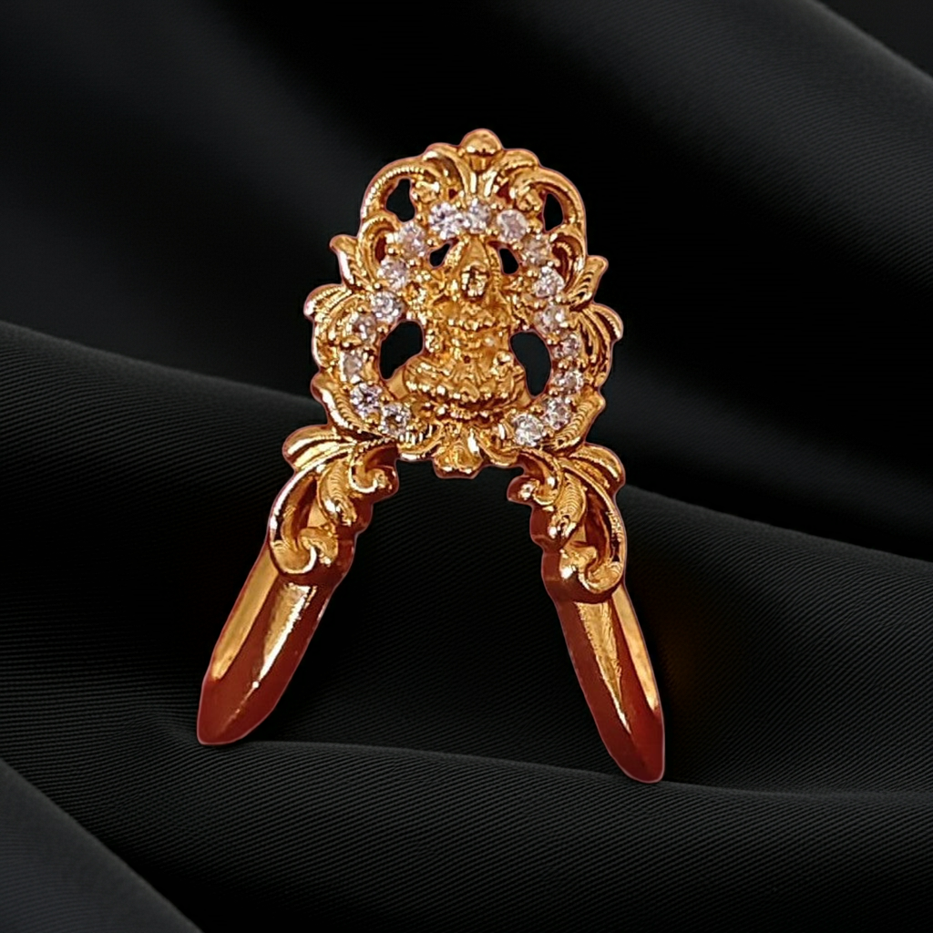 925 Silver Gold Plated Temple Ring with Goddess Lakshmi & CZ Stones