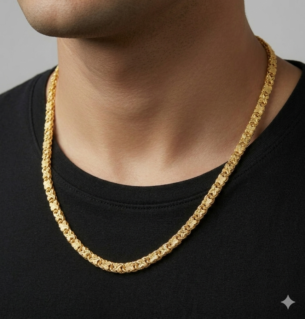 Unisex 92.5 Sterling Silver Gold Coated Textured Lotus-Link Chain