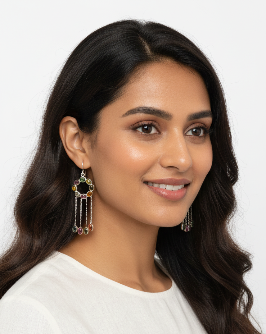 Pure 92.5 Silver Multi stone dangler Ear Rings