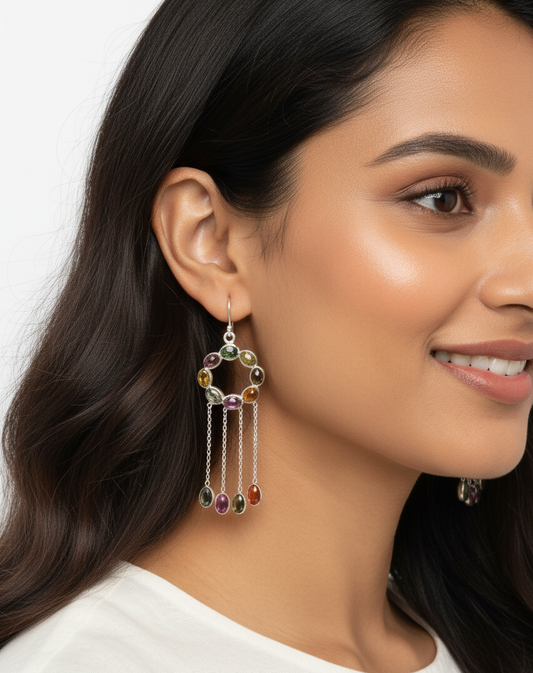 Pure 92.5 Silver Multi stone dangler Ear Rings