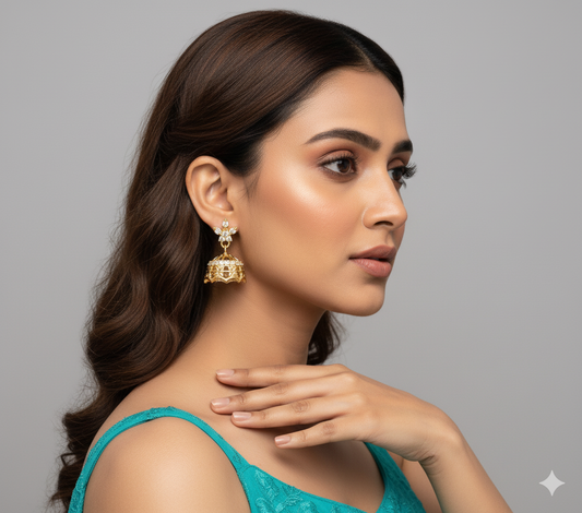 Classic Gold Jhumka Earrings with Modern Floral Detail