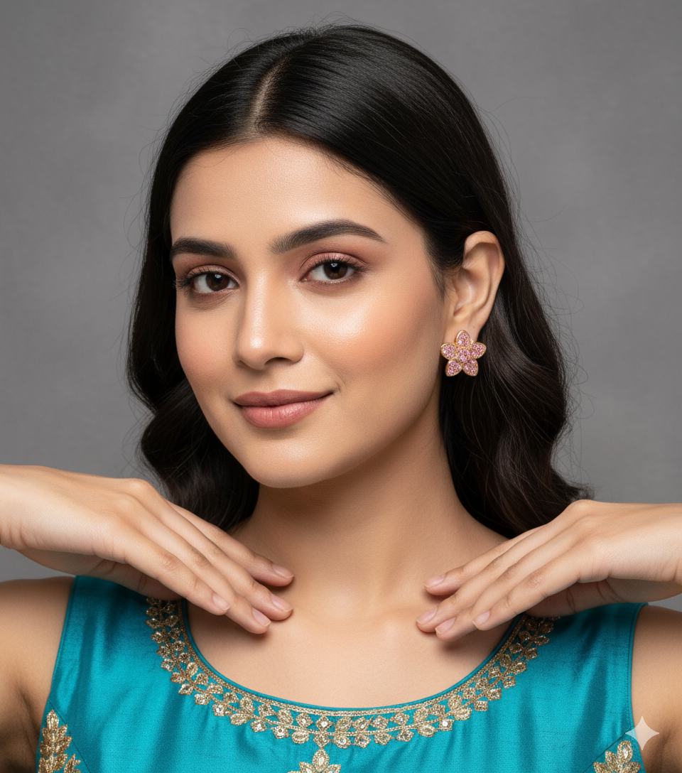 Gold Coated Flower Shaped Pure Silver Ear rings with White Stones