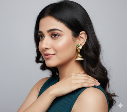 Elegant Gold Tone Jhumka Earrings with Gemstone Accents