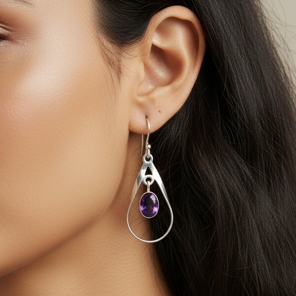 Pure Silver Amethyst Danglers Ear Rings