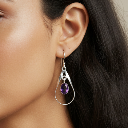 Pure Silver Amethyst Danglers Ear Rings