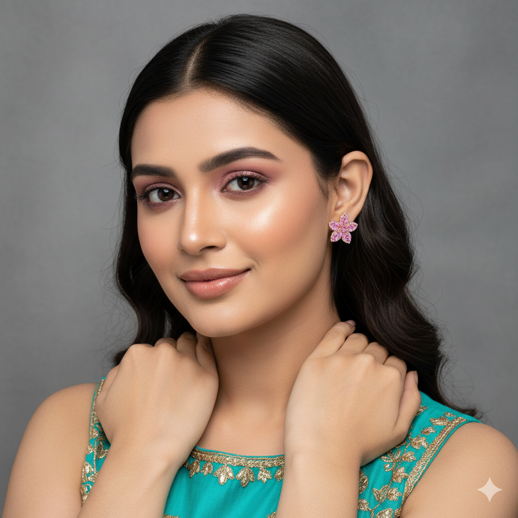 Gold Coated Flower Shaped Pure Silver Ear rings with White Stones