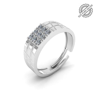 925 Sterling Silver Men's Ring with 9 CZ Diamonds & Grid Textured Band
