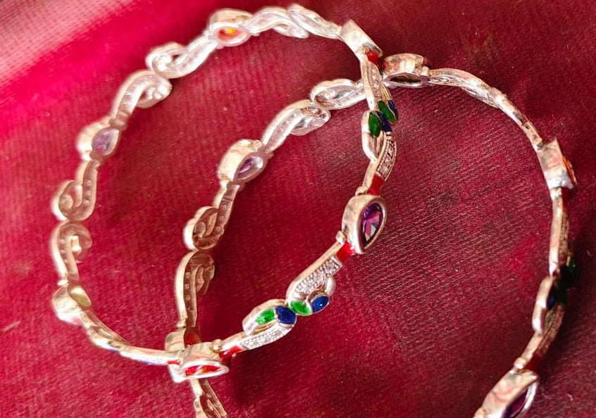 Classic 925 Silver Bangles with Artistic Enamel Work 2.8 Inch